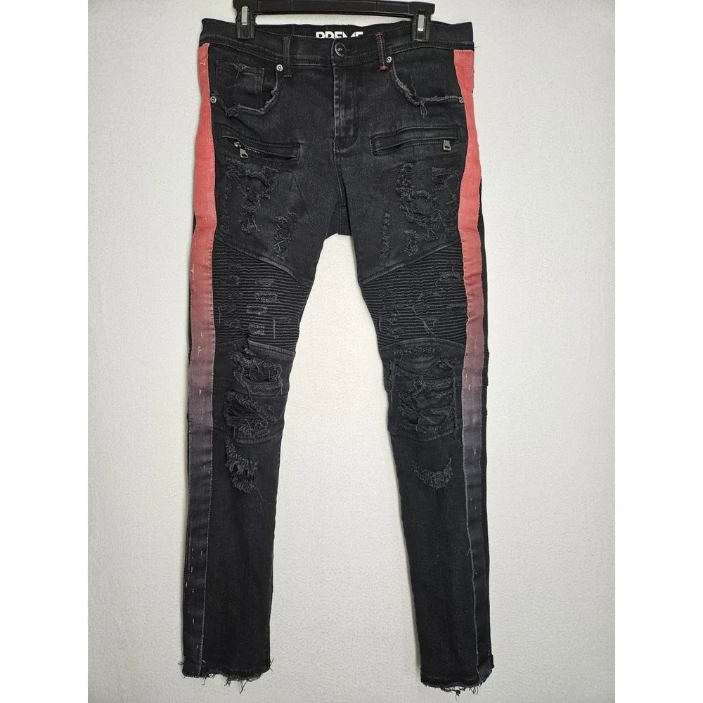 Mens Preme Moto Stripe Pants Black Distressed 32x32 Punk Goth Rock Hip Hop Urban